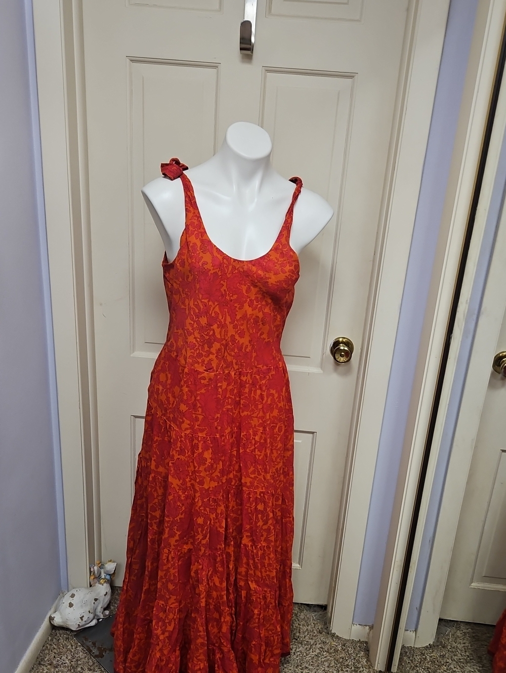 Free people block print gorgeous Orange-Red Floral Tie-Shoulder Maxi Dress